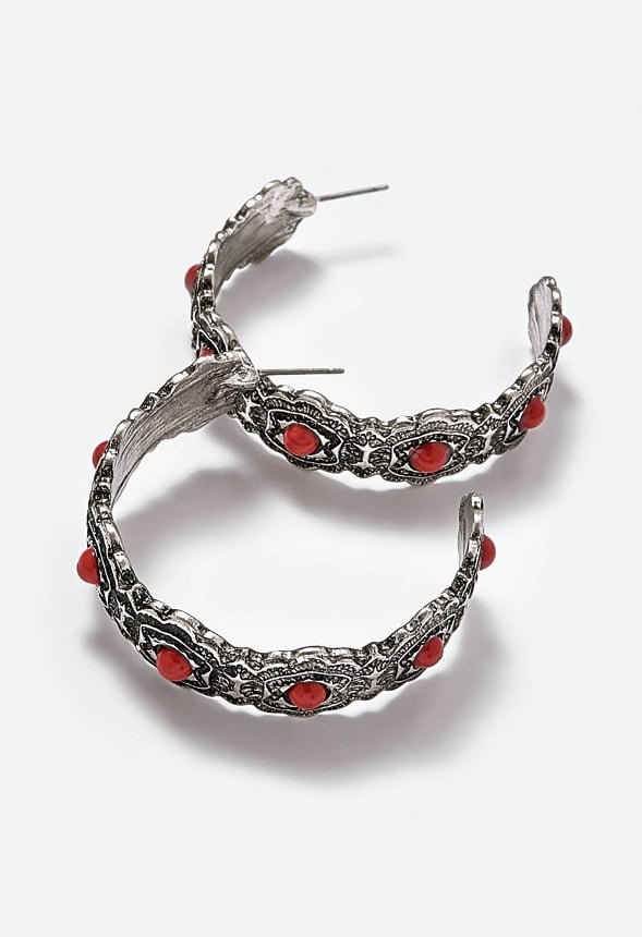 Lyla Rodeo Hoops Earrings With Semi Precious Stones Red/ Silver