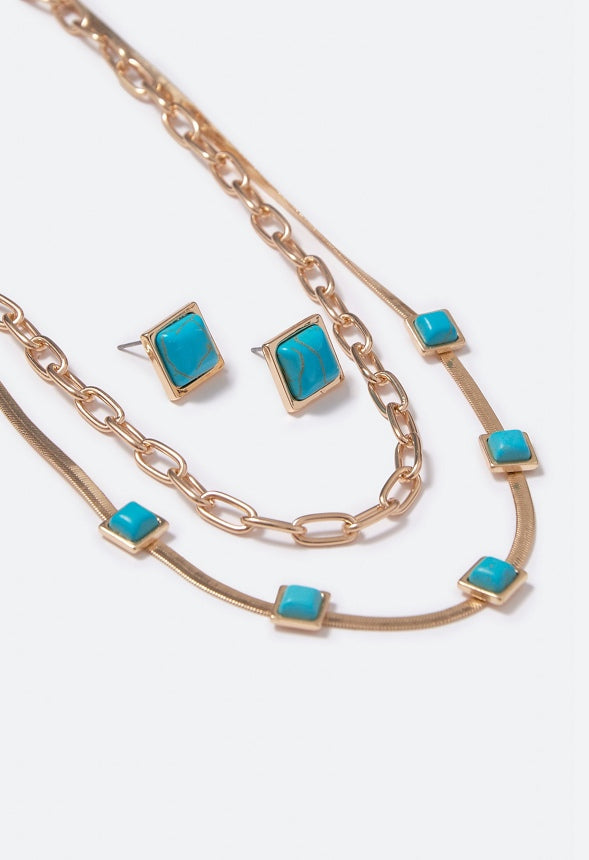 Elena Turquoise Flat Chain Necklace Set Turquoise/ Gold