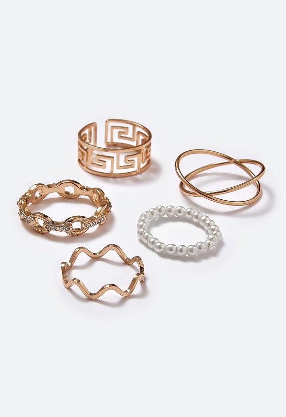 Rene Glass Pearls And Mix Motif Rings Pack Gold