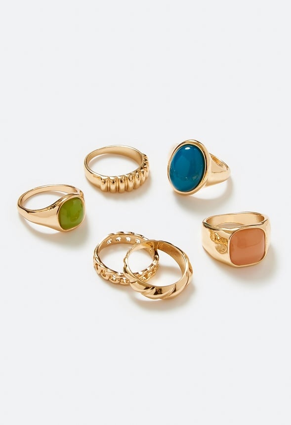 Juno Mix Stones And Metal Rings Pack Pink/ Green/ Gold