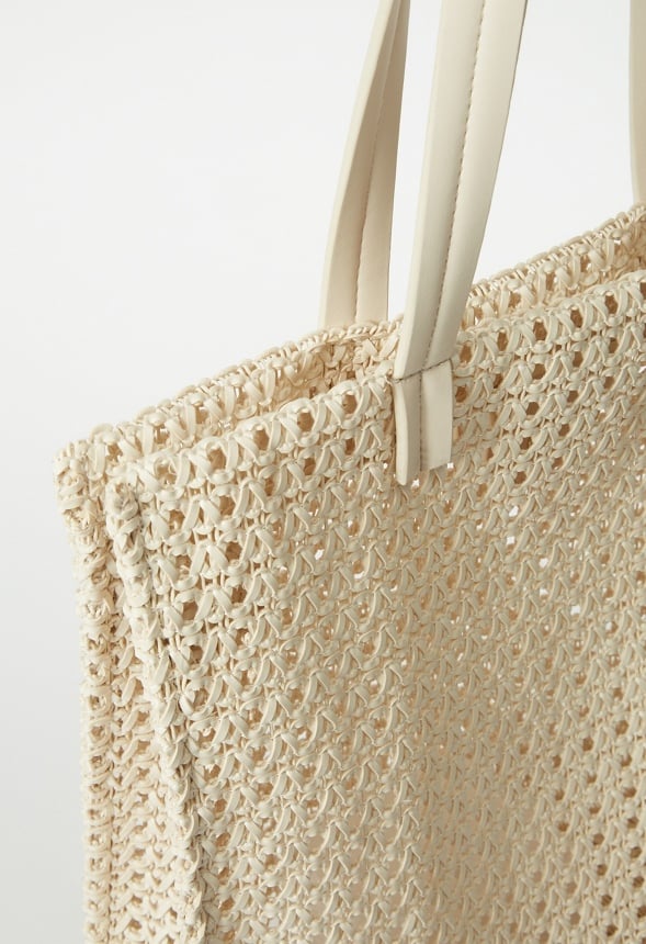 Woven Satchel With Flat Handles Birch White