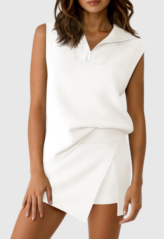 Women Summer Sleeveless Half Zip Athletic Skirt Set