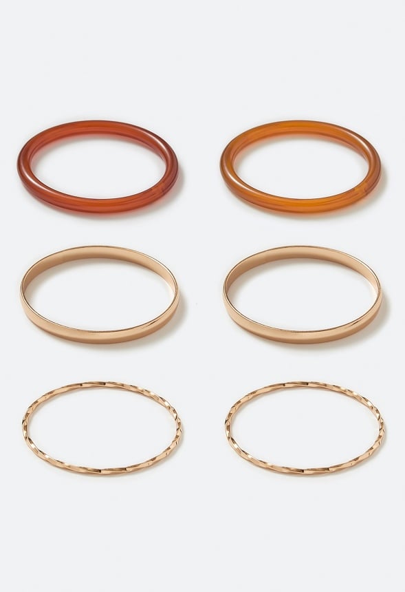 Jovie Resin And Mixed Texture Metal Bangle Set Brown/ Gold