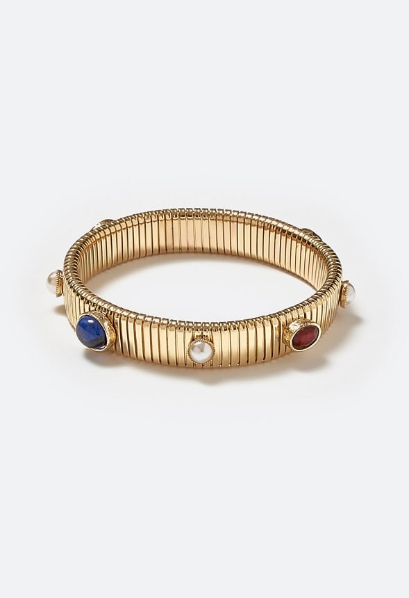 Cloe Multicolour Glass & Resin Stones Ribbed Stretch Bracelet Multi/ Gold