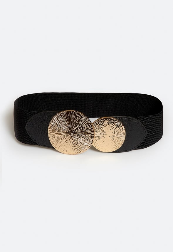 Halo Elasticated Waist Belt With Double Disc Buckle With Sunburst Design Black