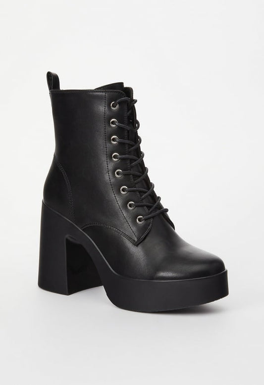 Letty Block Heeled Lace-Up Ankle Boot Black
