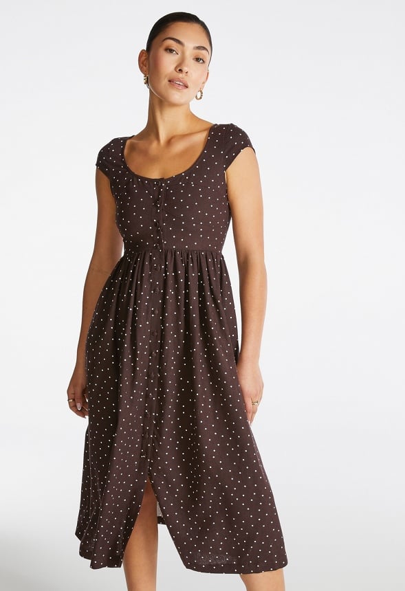 Button Down Midi Dress Chocolate White Dot