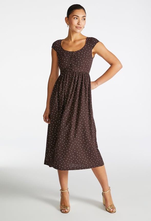 Button Down Midi Dress Chocolate White Dot