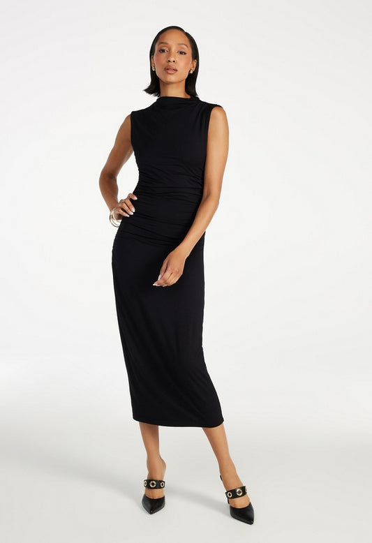 Ruched Mock Neck Midi Tank Dress Black Caviar