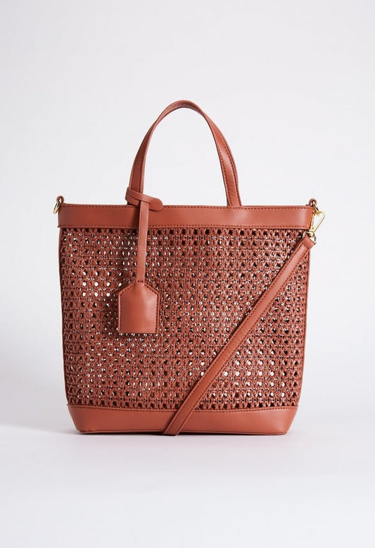 Woven Crossbody Tote Leather Brown