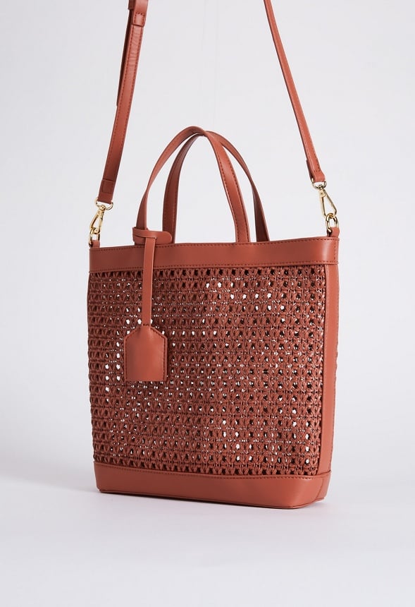 Woven Crossbody Tote Leather Brown