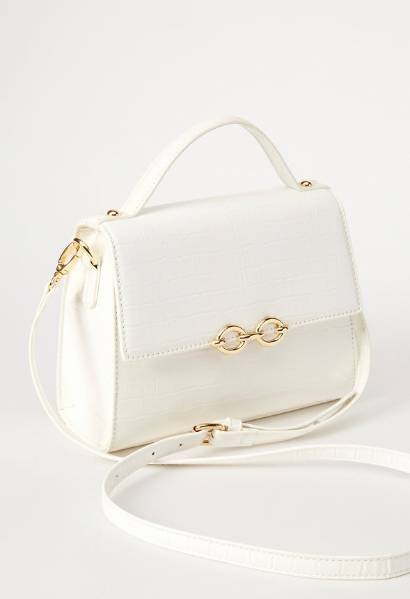 Chain Hardware Top Handle Crossbody Bright White Croc