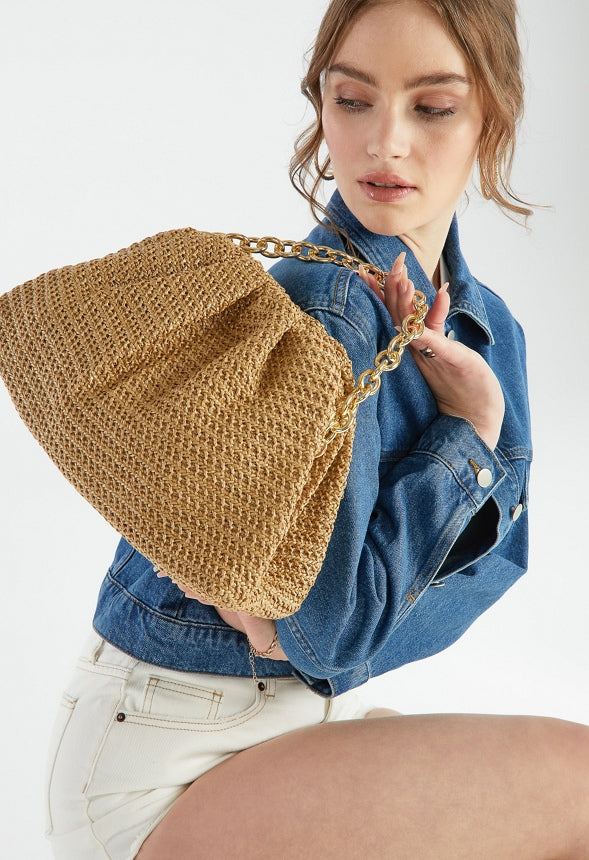 Raffia Ruched Clutch With Chain Natural