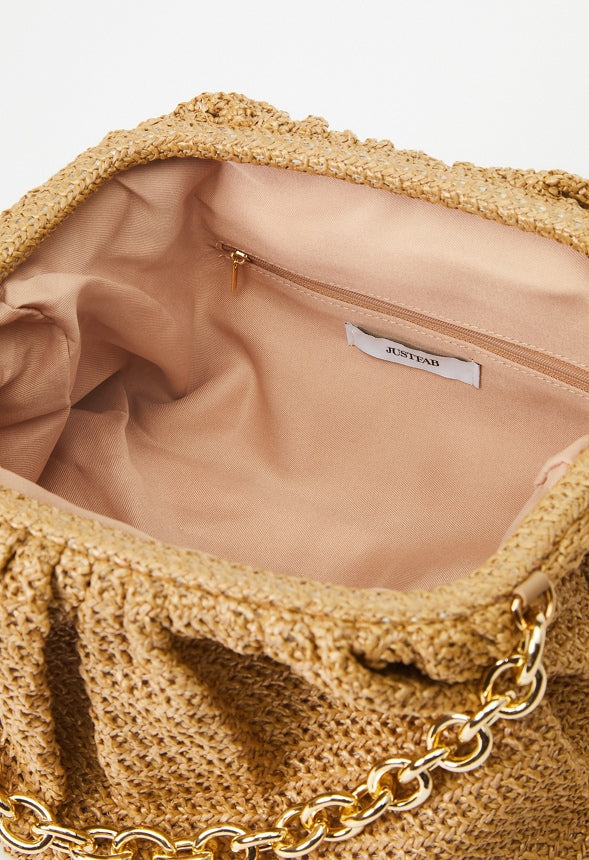 Raffia Ruched Clutch With Chain Natural