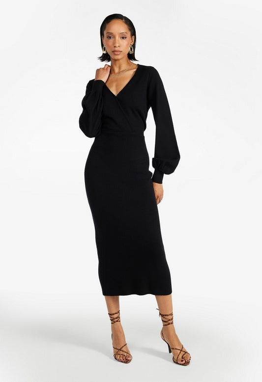Wrap Midi Sweater Dress Black Caviar