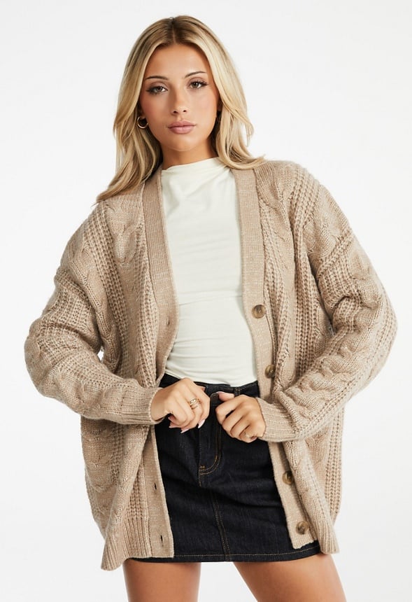 Cable Boyfriend Cardigan Oatmeal Heather