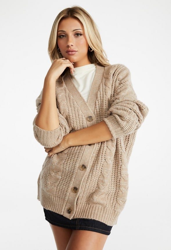 Cable Boyfriend Cardigan Oatmeal Heather