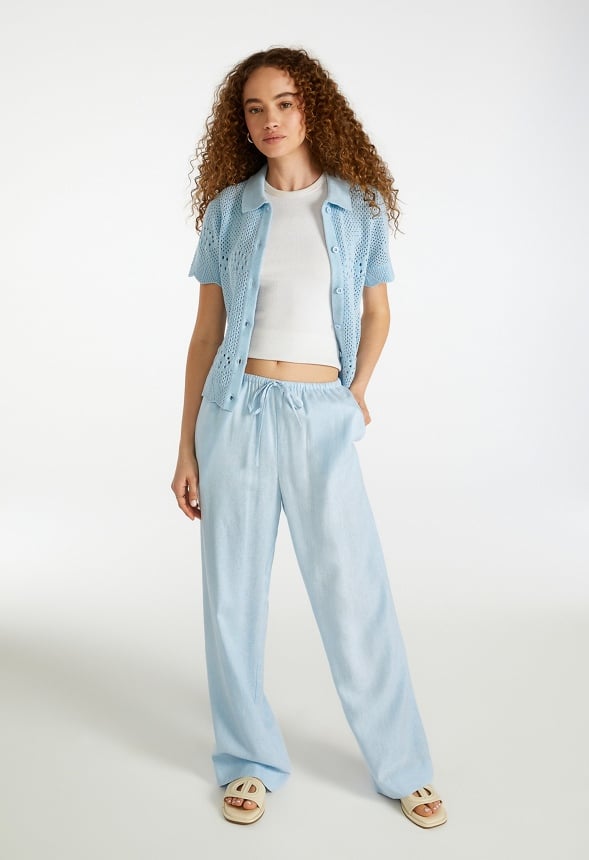 Crochet Short Sleeve Button Up Shirt Skyway Blue