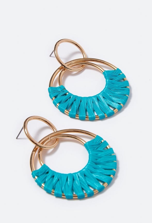 Aliza Raffia Wrapped Rings Drop Earrings Teal/ Gold