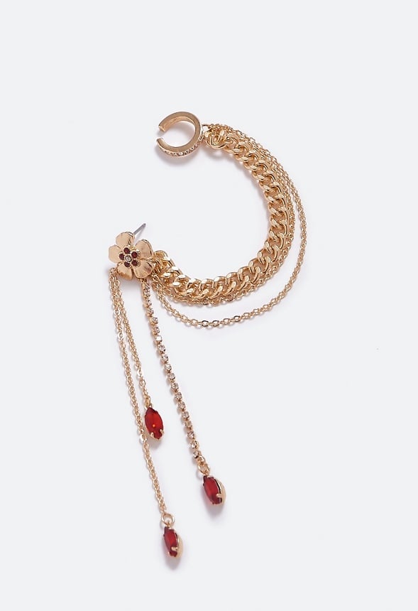 Angel Linked Flower and Navette Earcuff Red/ Gold