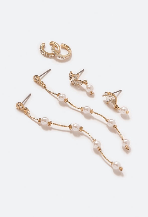 Daisy Pearl and Crystal Earrings Multipack Cream/ Gold
