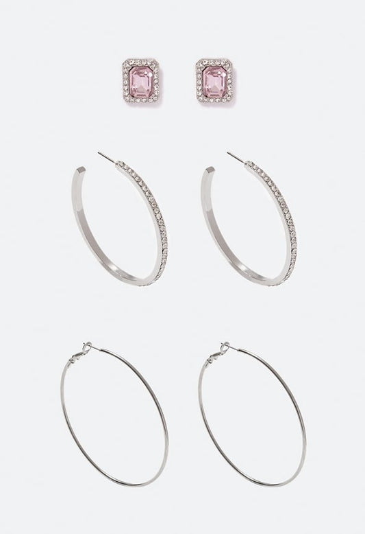 Taylor Mixed 3 Pair Pack Hoop Earrings Pink/ Silver