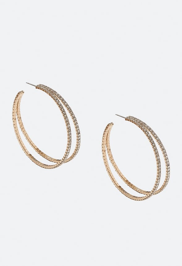 Edie Double Row Glass Rhinestone Hoop Earrings Crystal/ Gold