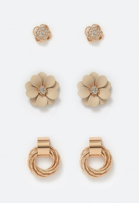 Mina 3-Pair Knot Enamel Flower And Twisted Ring Stud Earrings Beige/ Gold