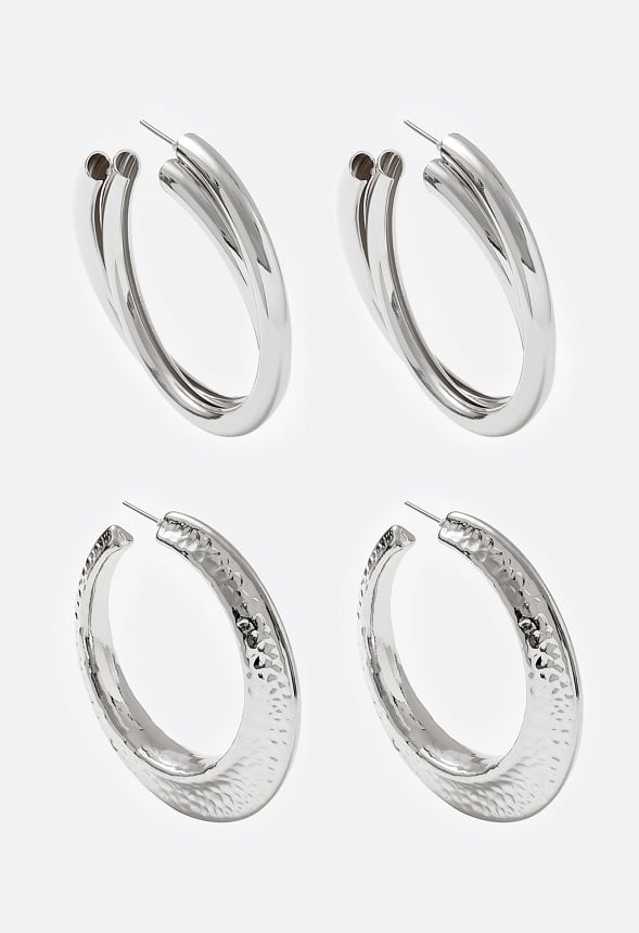 2-Pair Nyra Lightweight Hoops in Hammered Metal and Twist Designs Silver