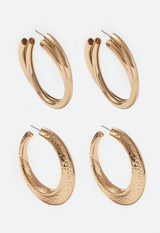 Nyra 2-Pair Lightweight Hoops In Hammered Metal & Twist Designs Gold