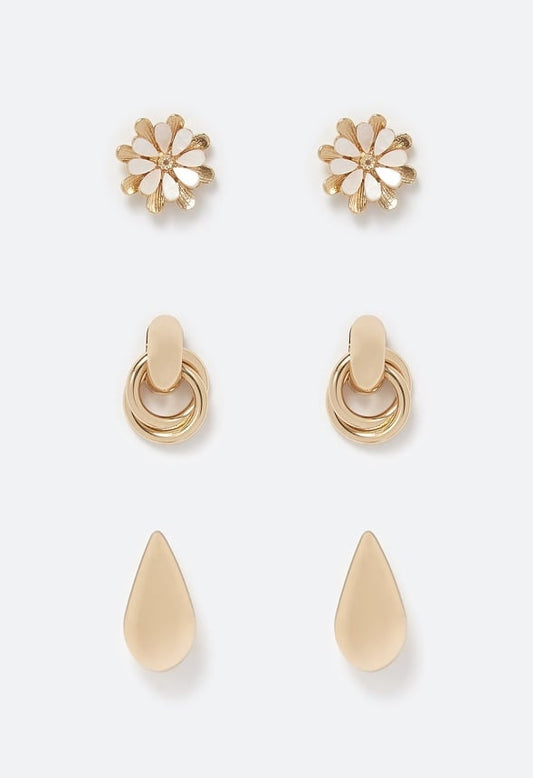 3-Pair Luz Molten Teardrop Door Knocker & Flower Studs Earrings Gold