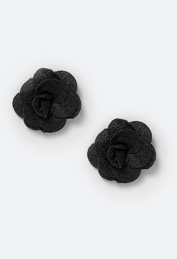 Riz Statement Fabric Flower Stud Earrings Black/ Gold