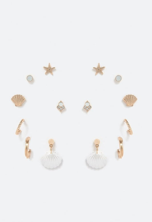 Ariel 7 Pairs Shell And Starfish Mixed Earrings Pack Cream/Gold