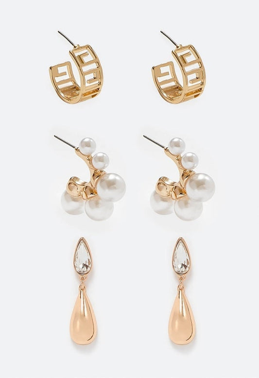 3-Pair Pack Zya Geometric And Pearl Hoops And Glass Earrings Cream/ Gold