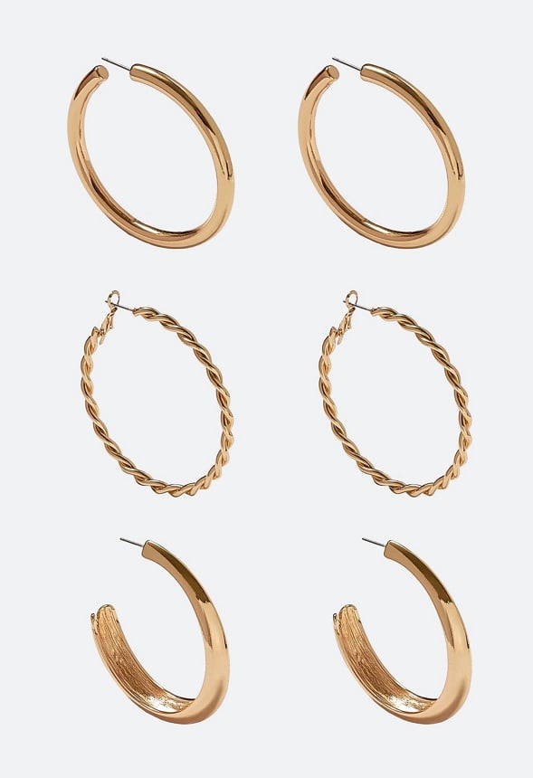 Evie 3 Pairs Pack Smooth And Twist Hoop Earrings Gold