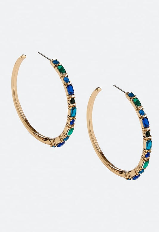 Fran Tonal Glass Stone Set Hoop Earrings Blue/ Green/ Gold