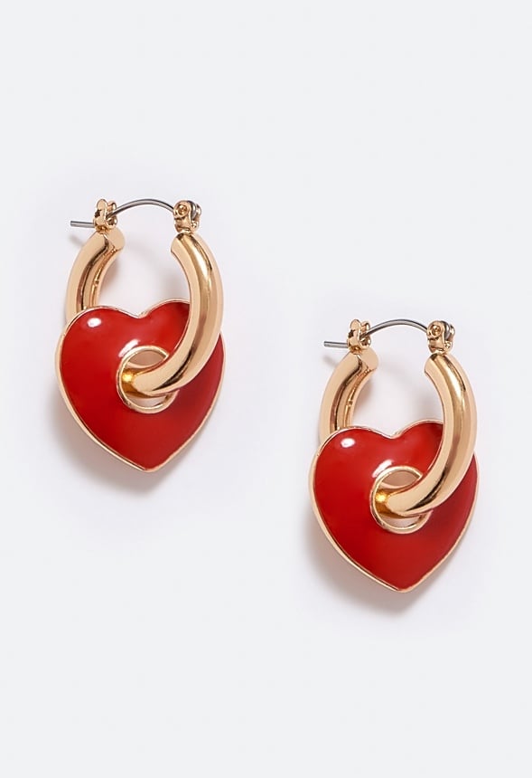 Aila Red Epoxy Heart Charms On Hoops Earrings Red/ Gold