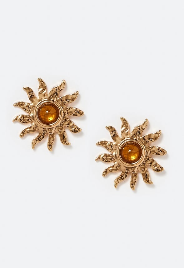Gina Hammered Metal Sun Stud With Domed Stone Center Brown/ Gold