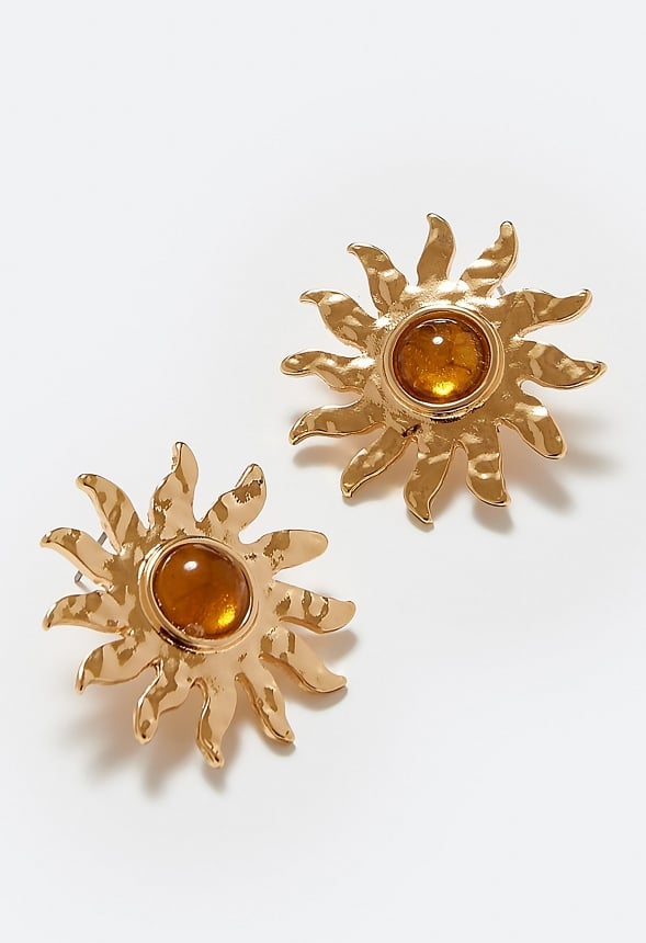 Gina Hammered Metal Sun Stud With Domed Stone Center Brown/ Gold