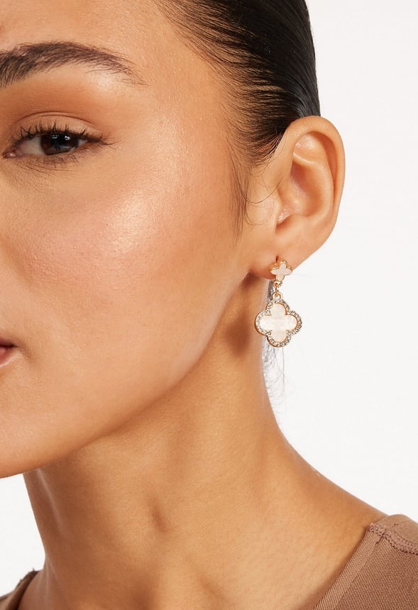 Dia Double Enamel Clover Drop Earrings Cream/ Gold