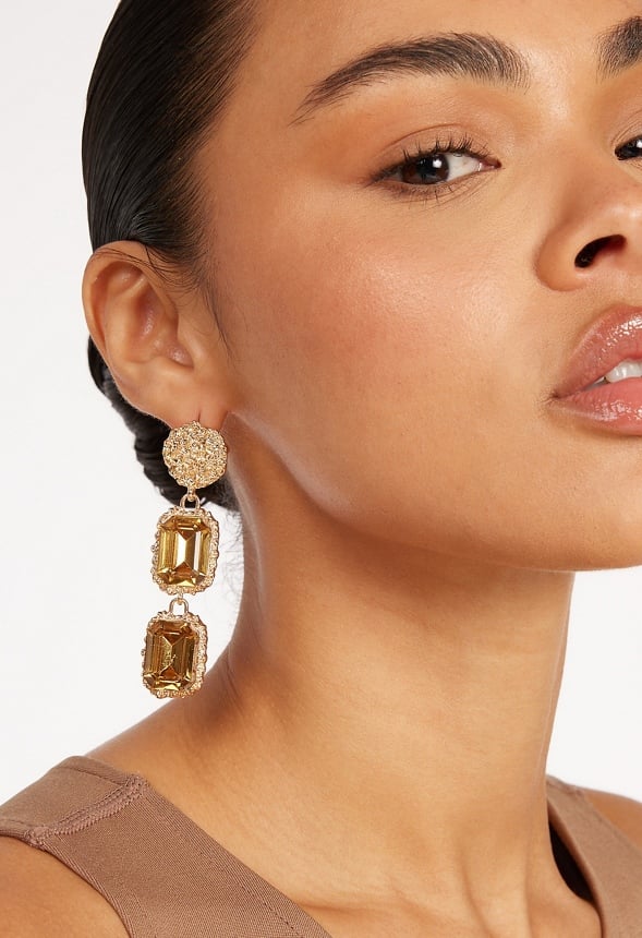 Jia Hammered Metal And Double Stones Drop Earrings Tan/ Gold