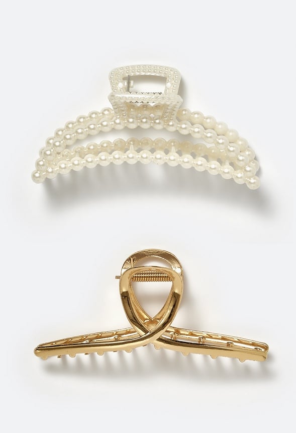 Gina 2 Pack Of Glass Pearl & Smooth Metal Hair Claws Gold/ Cream