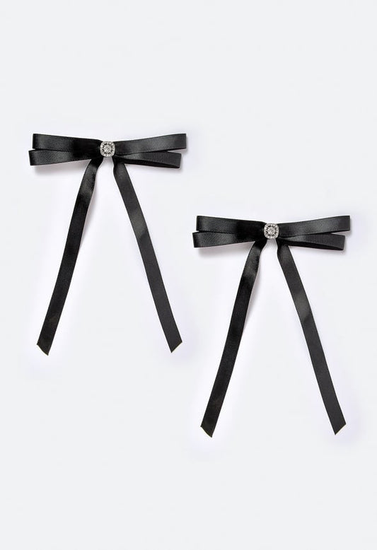 Alto 2 Pack Ribbon Bows With Glass Stone Detail On a Barrette Clip Crystal/ Black
