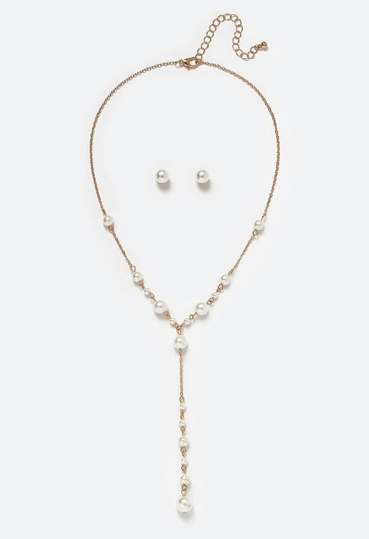 Wen Glass Pearl Stud Earrings And Y-Necklace Set Cream/ Gold