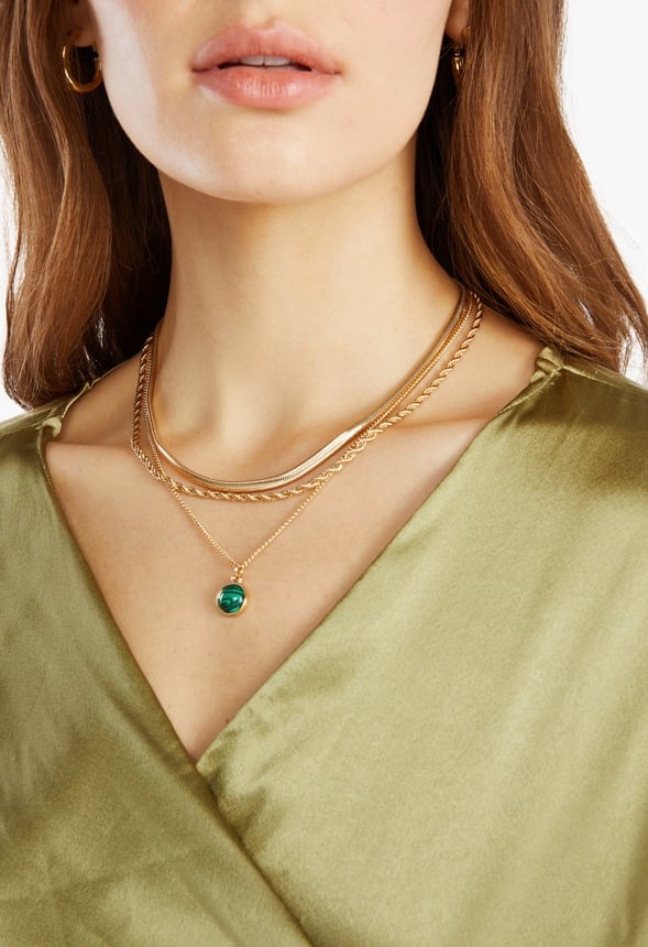 Nola Malachite Semi Precious Layered Necklace Green/ Gold