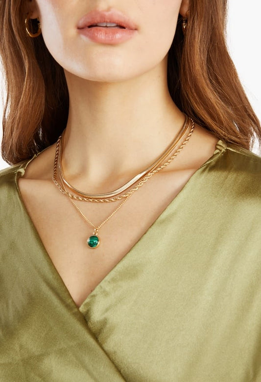 Nola Malachite Semi Precious Layered Necklace Green/ Gold