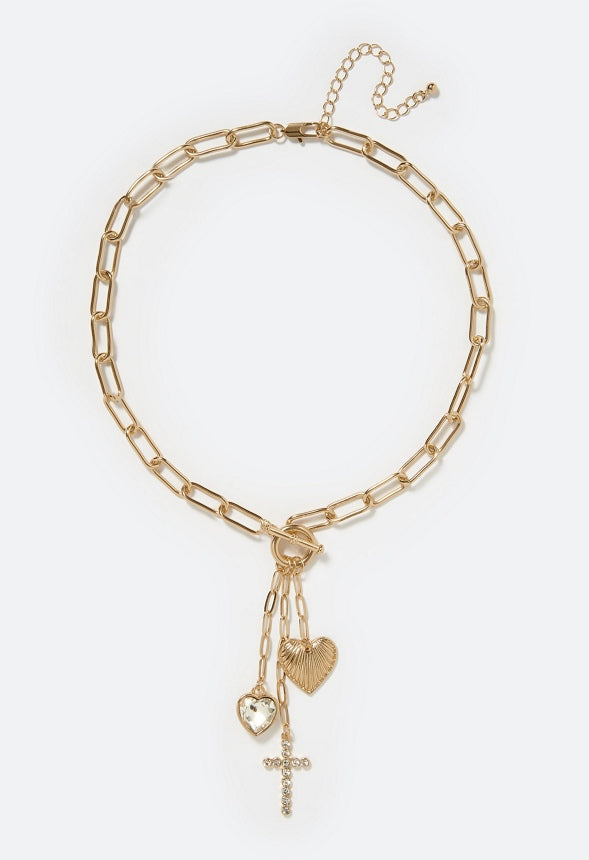 Kylie T-Bar Y Necklace with Mixed Charms Crystal/Gold
