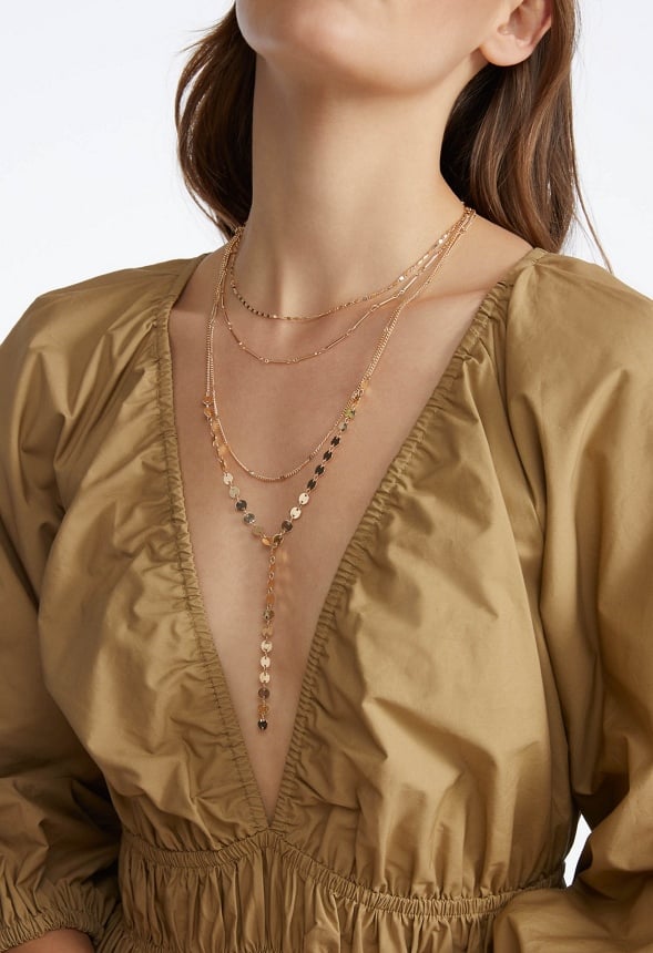 4-Rows Tia Mixed Delicate Chains And Disc Lariat Necklace Gold