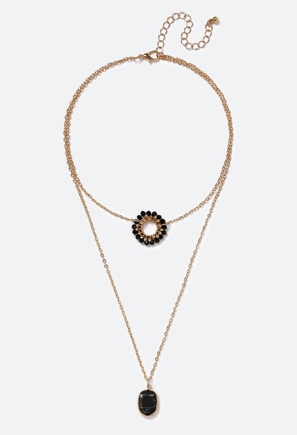 Kali 2 Row Glass Beads Ring With Stone Drop Layer Necklace Black/ Gold