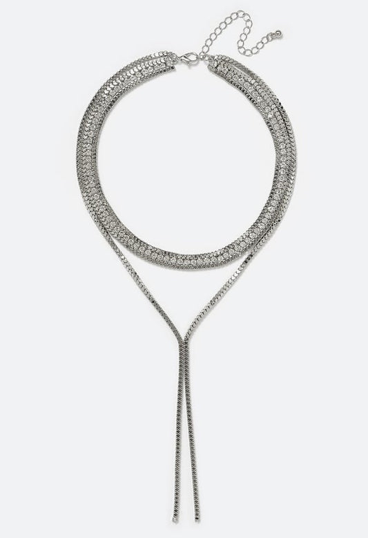 Ella 2 Row Box Chain & Glass Stone Necklace With Y-Drop Crystal/ Silver